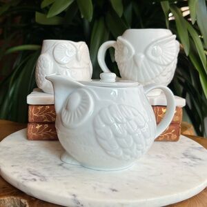 Set of 3 Owl Teapot + Mugs, Original Sticker Tags Abbott Collection + Indigo NWT
